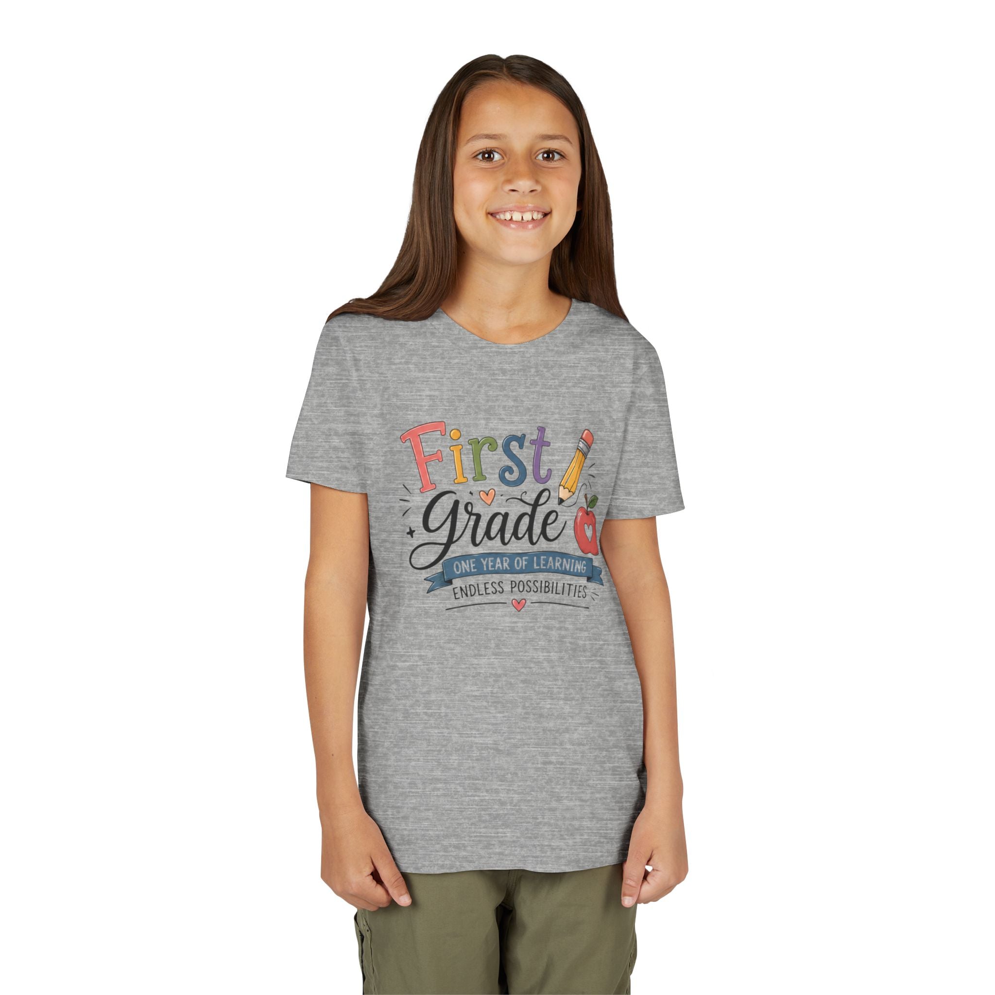 First Grade Graphic T-Shirt - "First Grade: One Year of Learning, Endless Possibilities" Back-to-School Shirt
