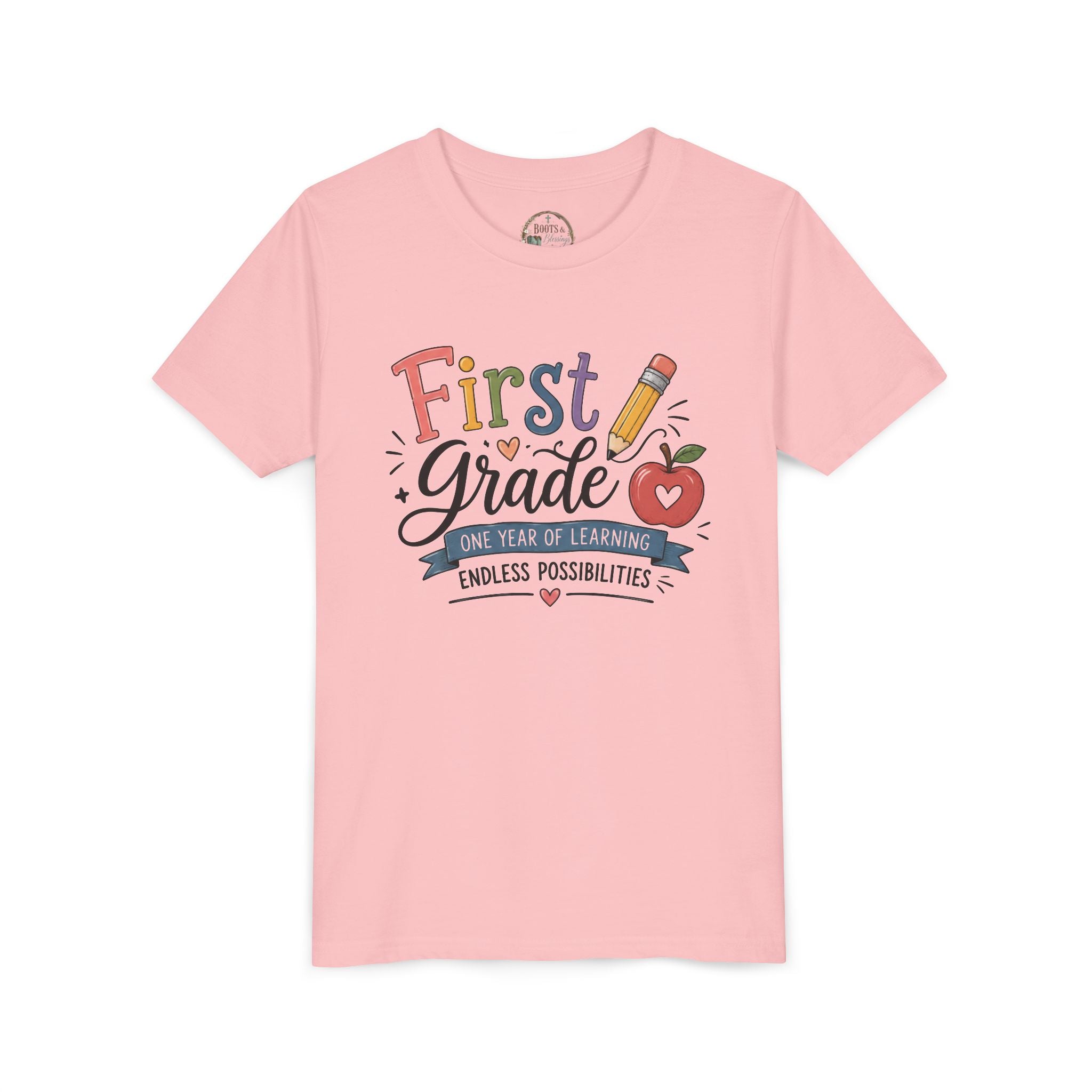 First Grade Graphic T-Shirt - "First Grade: One Year of Learning, Endless Possibilities" Back-to-School Shirt