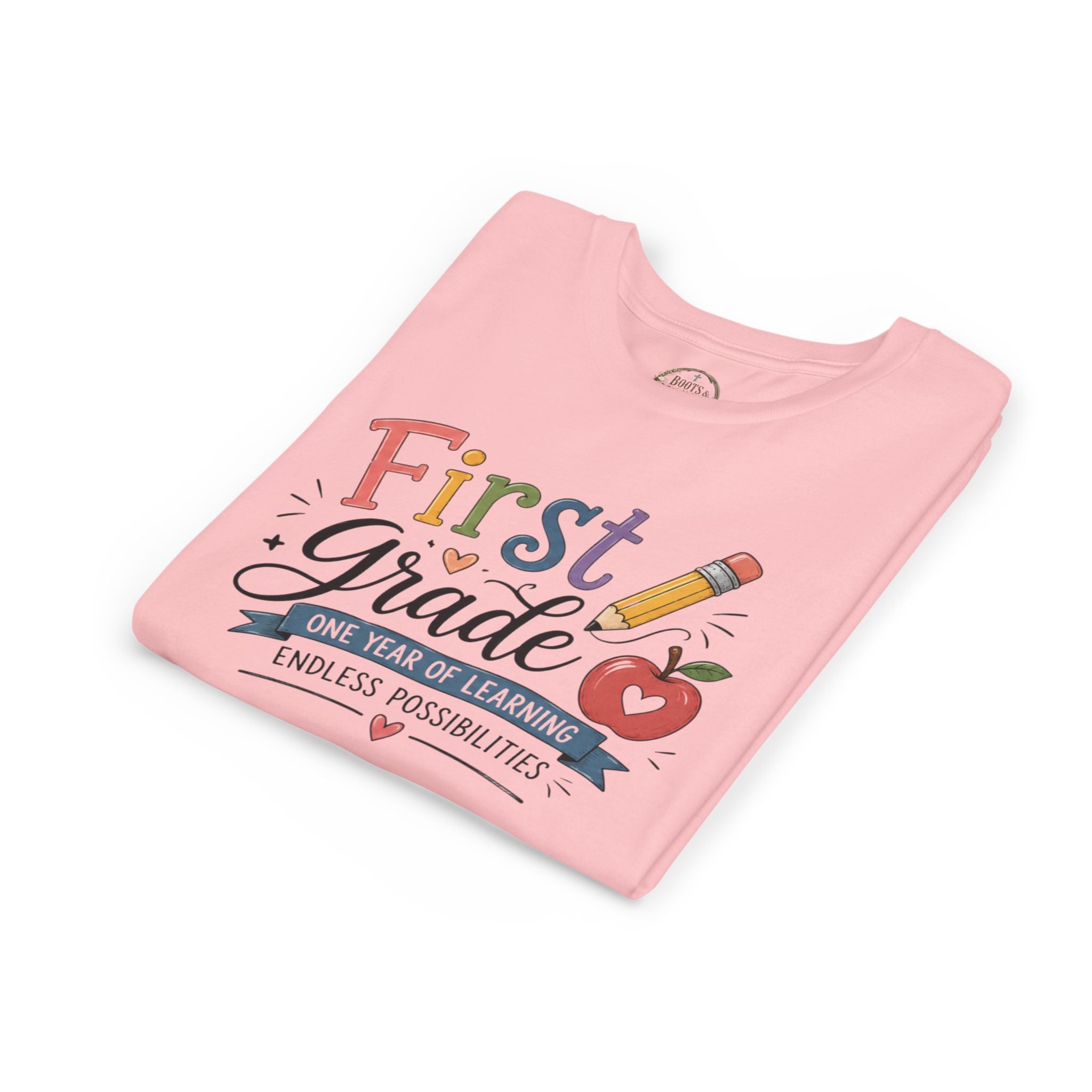 First Grade Graphic T-Shirt - "First Grade: One Year of Learning, Endless Possibilities" Back-to-School Shirt