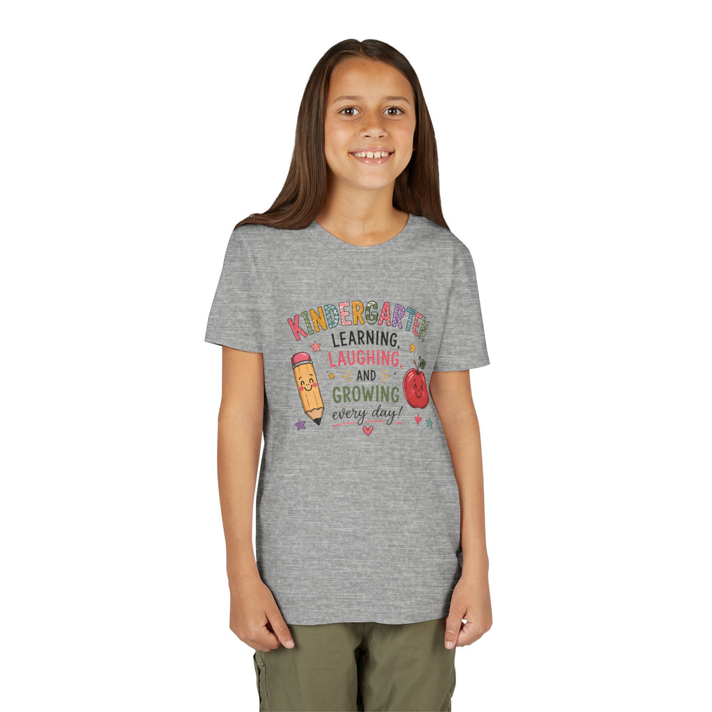 Kindergarten Learning Laughing Growing Graphic T-Shirt — Cute Pencil & Apple Back-to-School Shirt