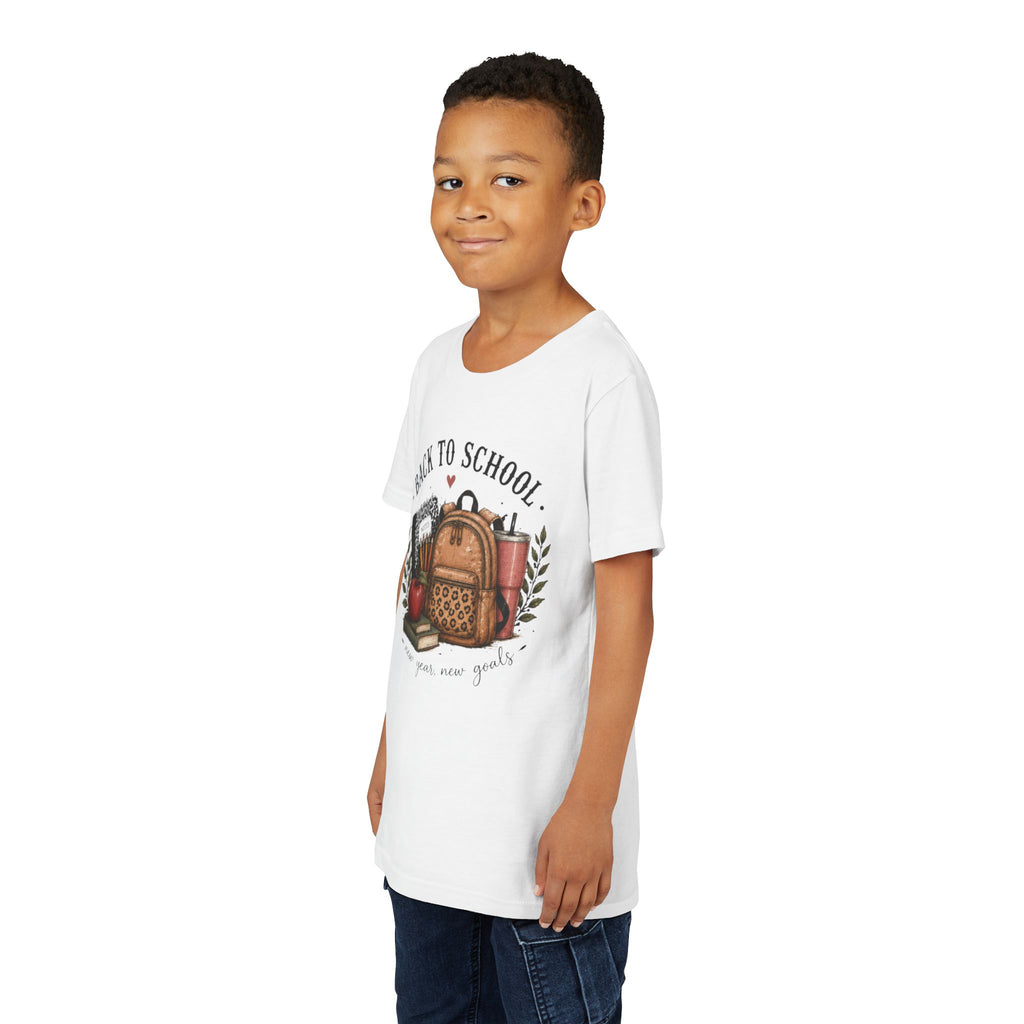 Youth Back to School Graphic T-Shirt – 'Back to School' Backpack & Apples Design