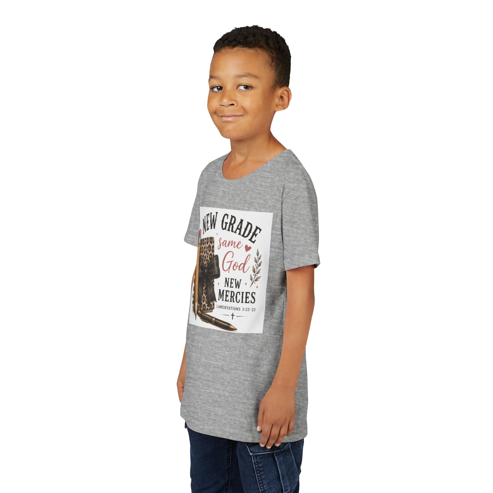 Youth Graphic T-Shirt — "New Grade Same God New Mercies" Christian Back-to-School Shirt