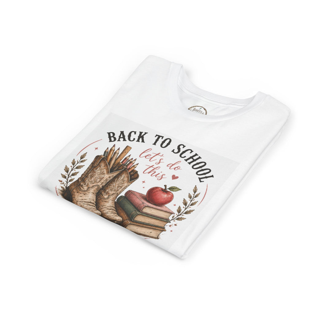 Youth Graphic T-Shirt — "Back to School, Let’s Do This" Cowboy Boots & Apple Design