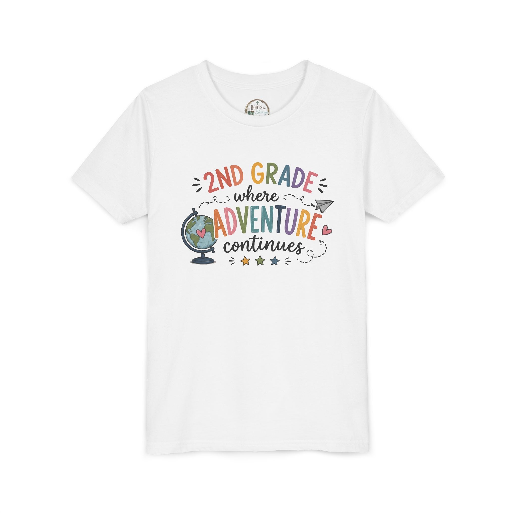 2nd Grade Adventure Graphic T-Shirt — Youth Back-to-School Globe Design