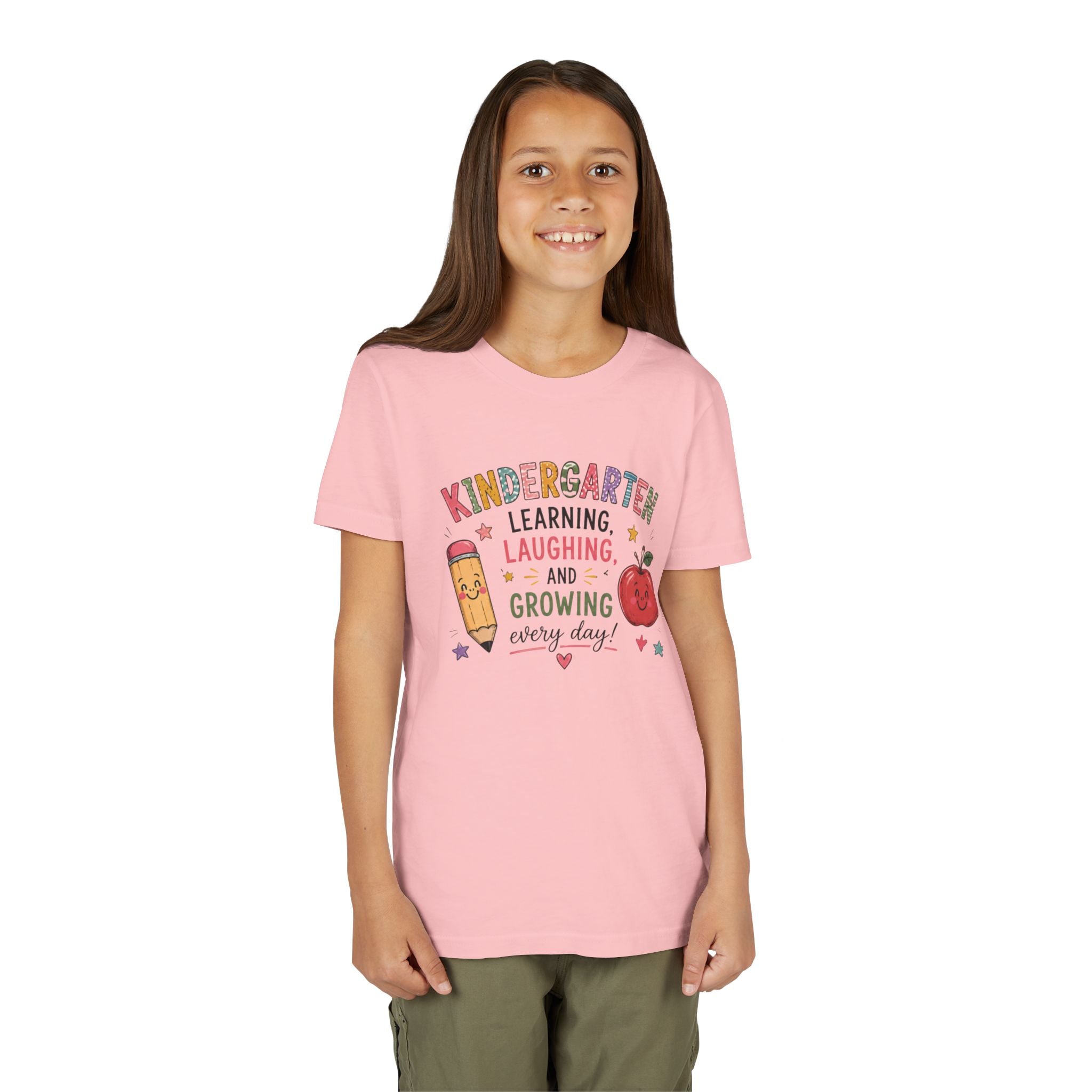 Kindergarten Learning Laughing Growing Graphic T-Shirt — Cute Pencil & Apple Back-to-School Shirt