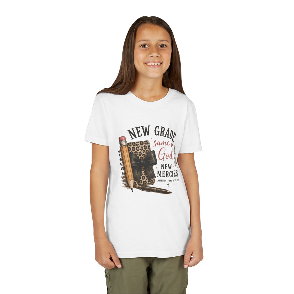 Youth Graphic T-Shirt — "New Grade Same God New Mercies" Christian Back-to-School Shirt