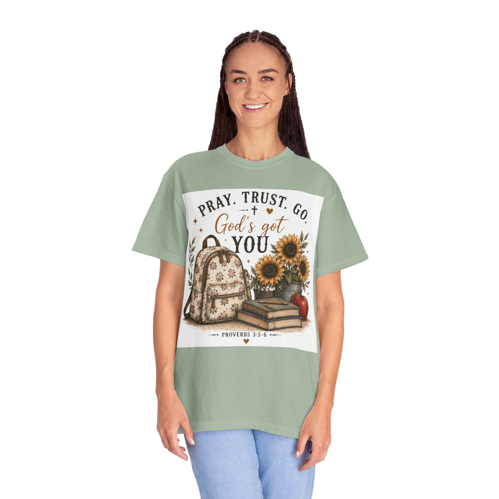 Adult Pray Trust Go T‑Shirt – "God's Got You" Sunflower & Backpack Christian Tee
