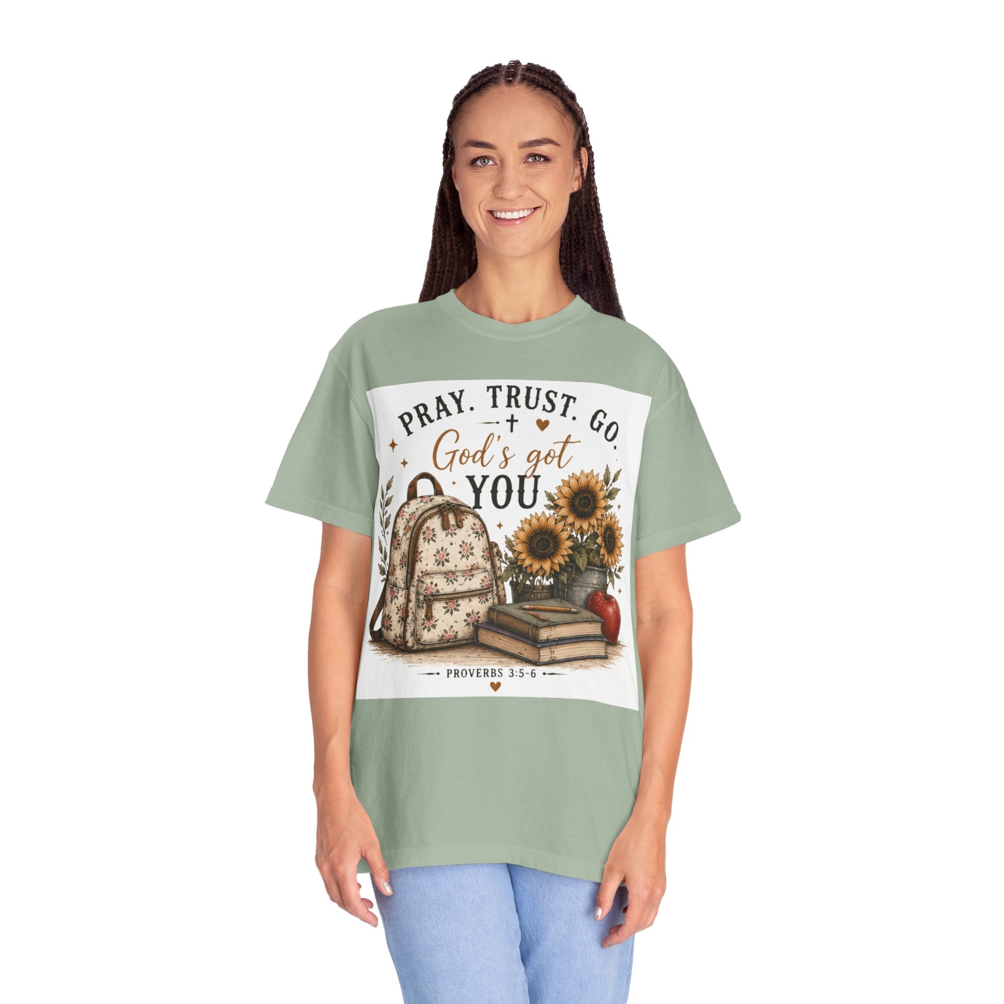 Adult Pray Trust Go T‑Shirt – "God's Got You" Sunflower & Backpack Christian Tee