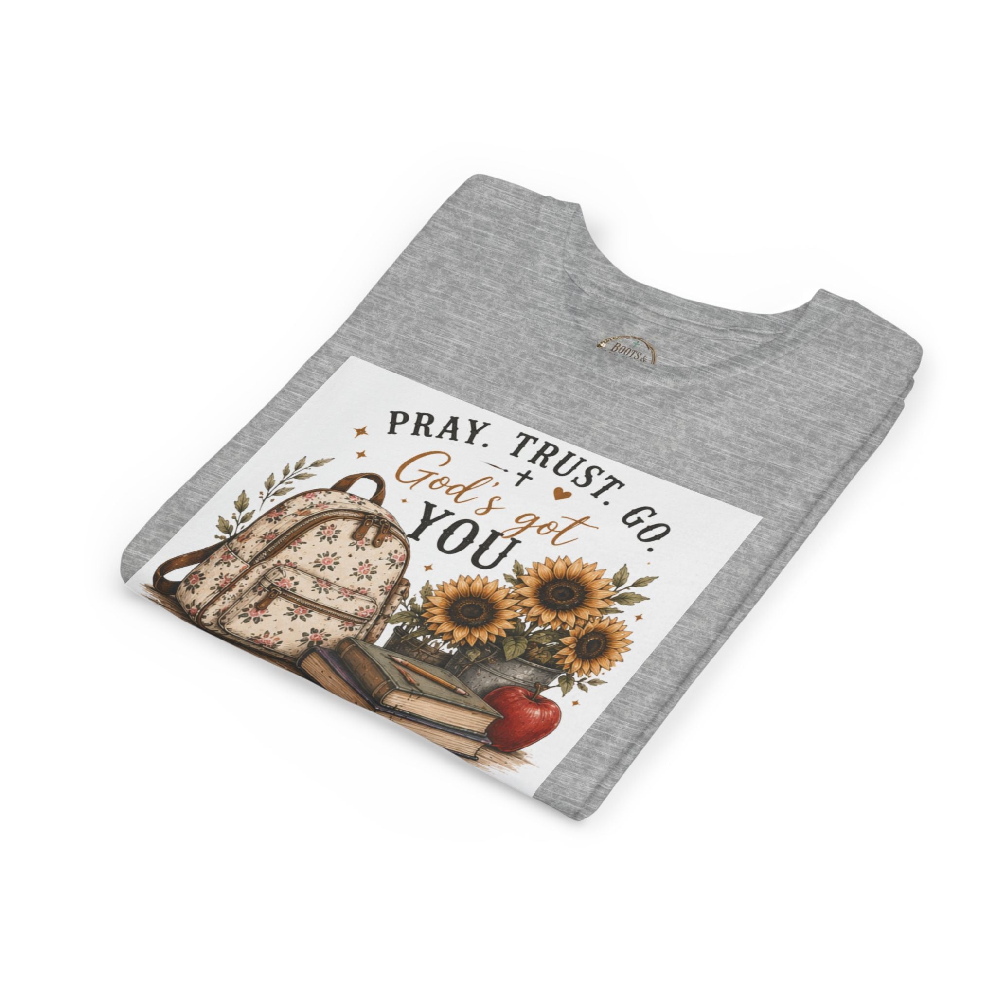 Youth Graphic T-Shirt - "Pray, Trust, Go. God's Got You" Back-to-School Sunflower Backpack Design