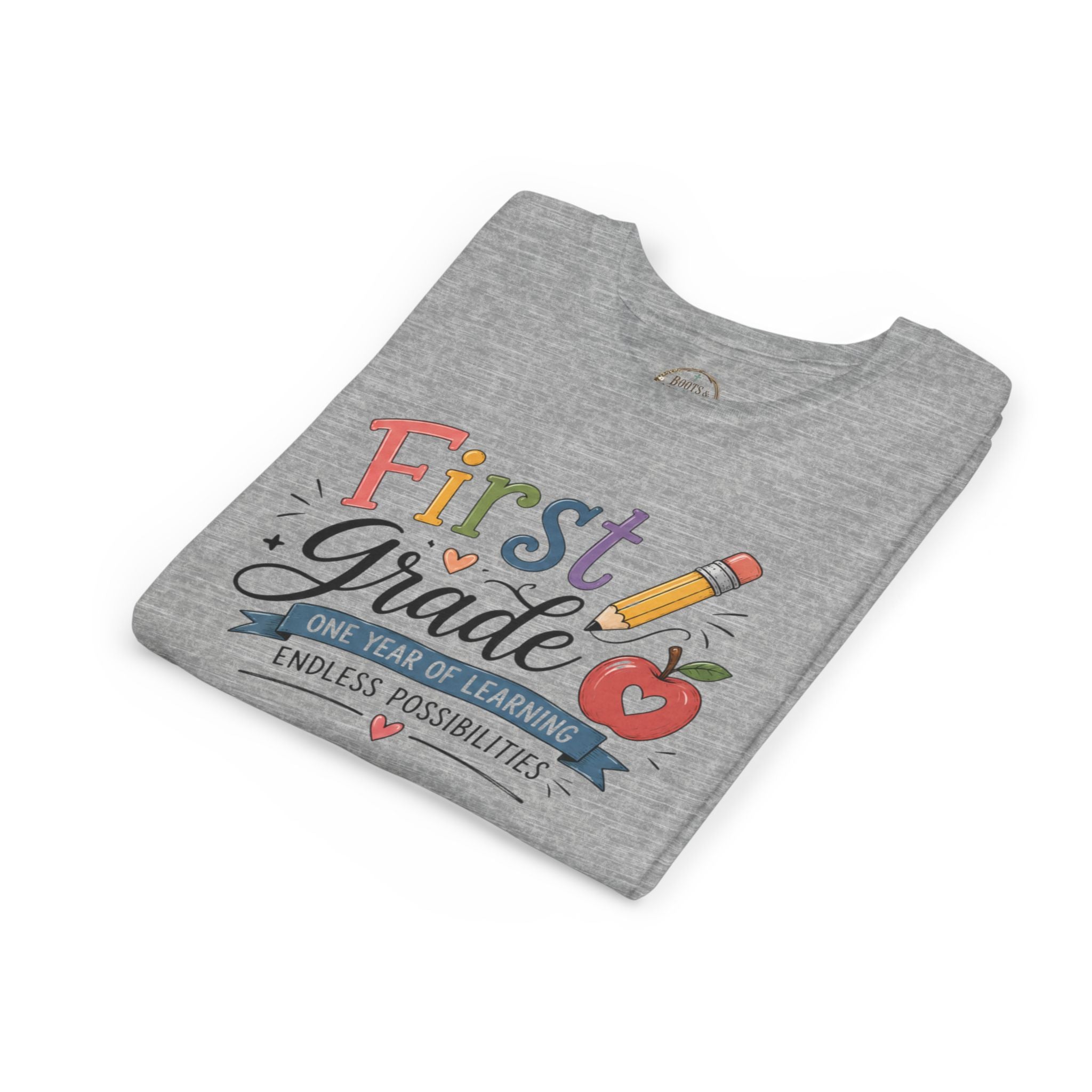 First Grade Graphic T-Shirt - "First Grade: One Year of Learning, Endless Possibilities" Back-to-School Shirt