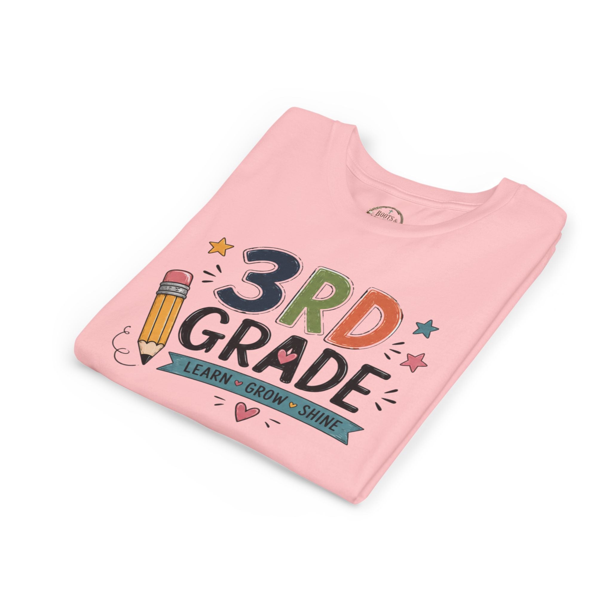 3rd Grade Graphic T-Shirt – 'Learn • Grow • Shine' Back-to-School Kids Shirt