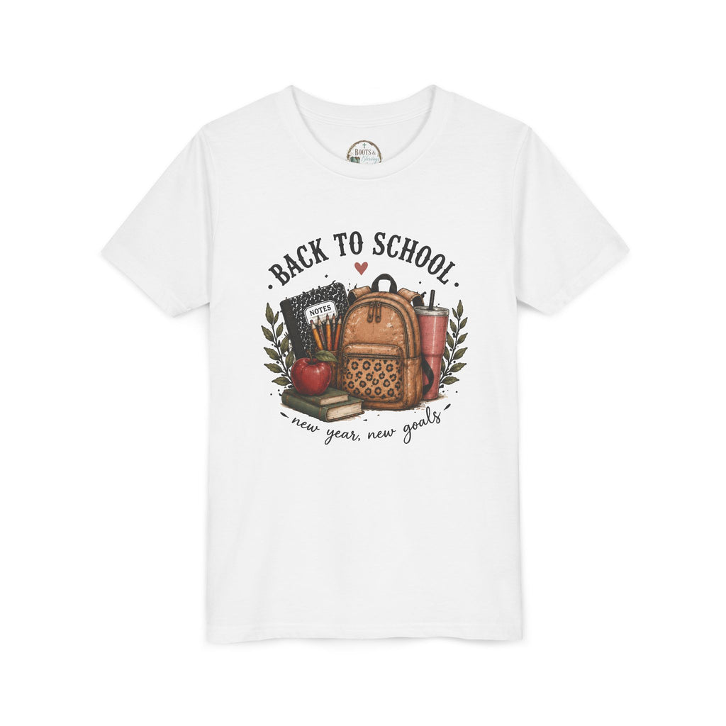 Youth Back to School Graphic T-Shirt – 'Back to School' Backpack & Apples Design