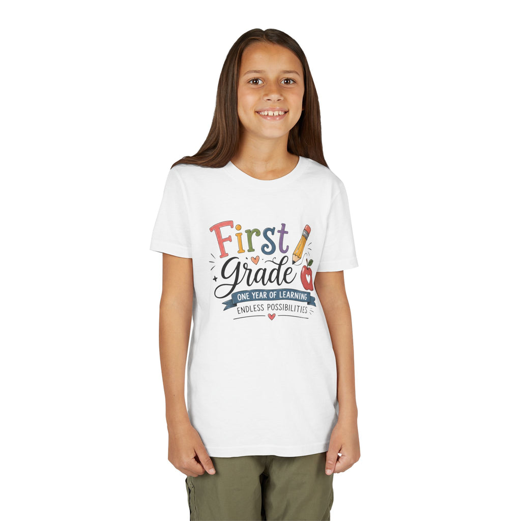 First Grade Graphic T-Shirt - "First Grade: One Year of Learning, Endless Possibilities" Back-to-School Shirt