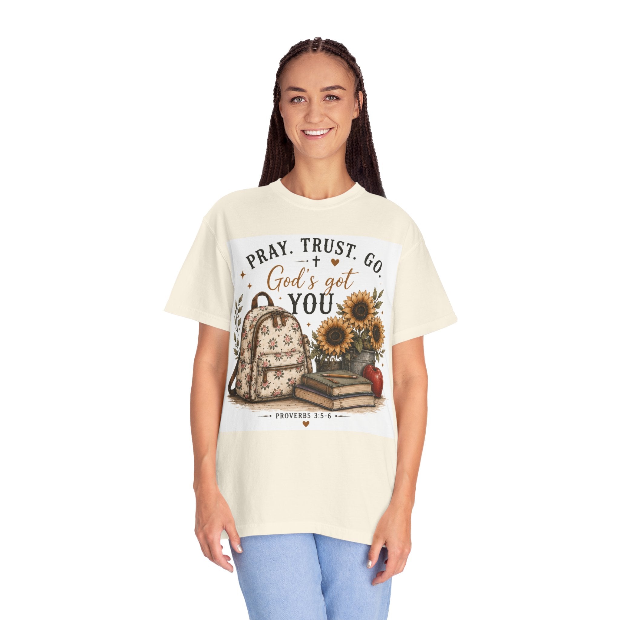 Adult Pray Trust Go T‑Shirt – "God's Got You" Sunflower & Backpack Christian Tee
