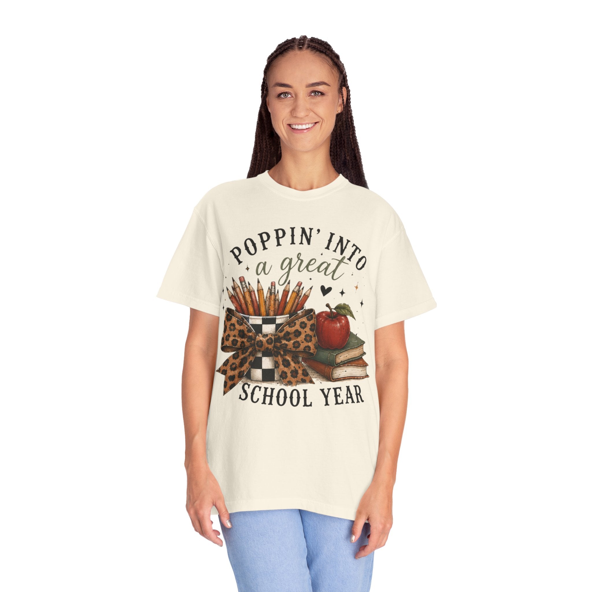 Adult Graphic T-Shirt — “Poppin’ Into a Great School Year” Back-to-School Teacher Tee — Leopard Bow Pencil Cup Design