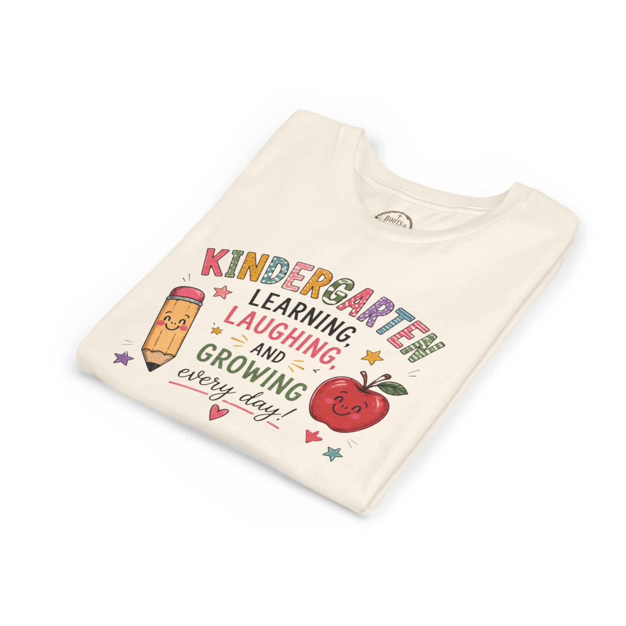 Kindergarten Learning Laughing Growing Graphic T-Shirt — Cute Pencil & Apple Back-to-School Shirt