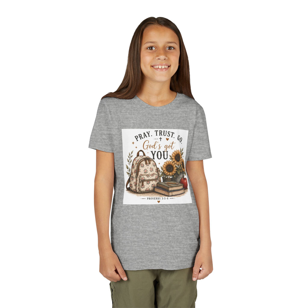 Youth Graphic T-Shirt - "Pray, Trust, Go. God's Got You" Back-to-School Sunflower Backpack Design