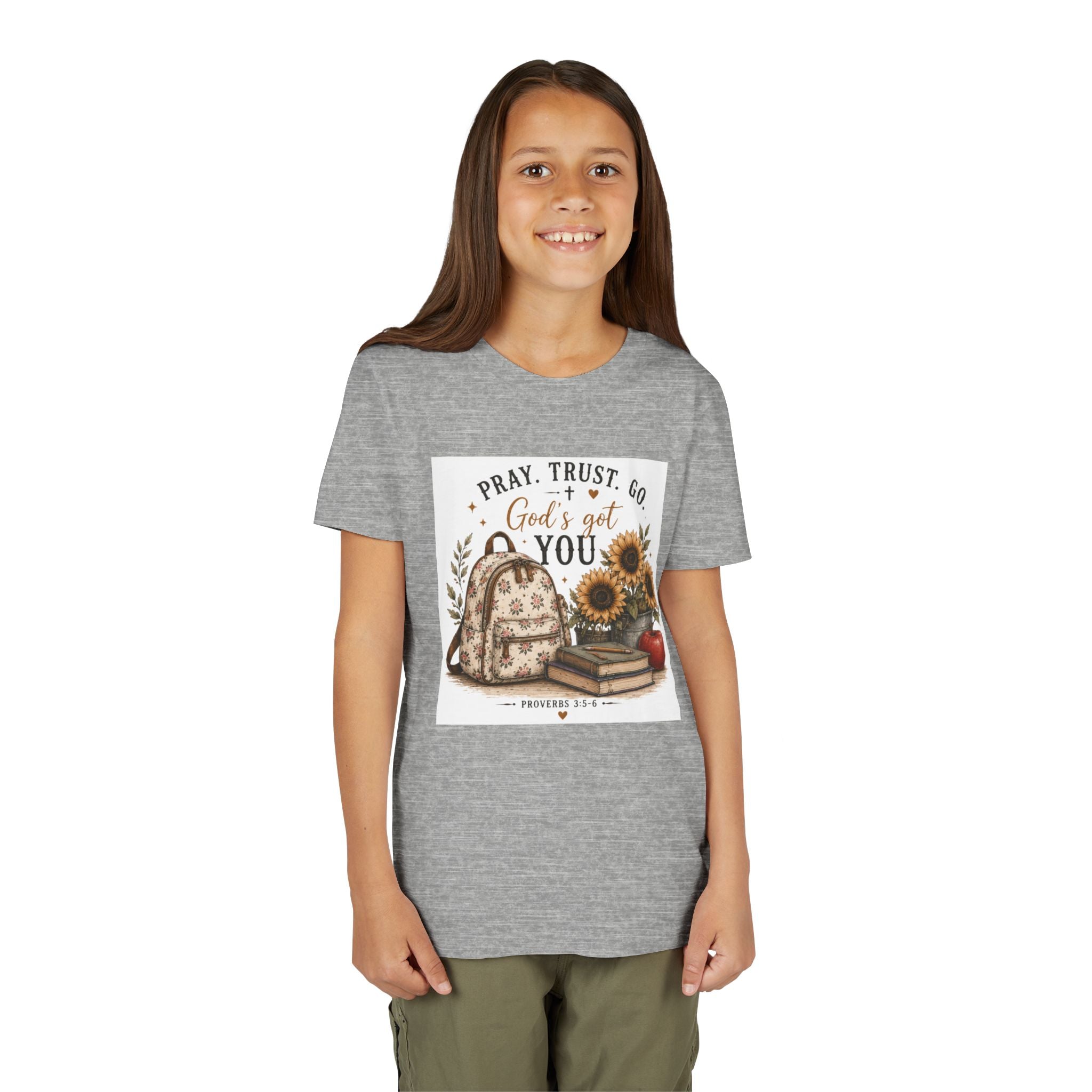 Youth Graphic T-Shirt - "Pray, Trust, Go. God's Got You" Back-to-School Sunflower Backpack Design