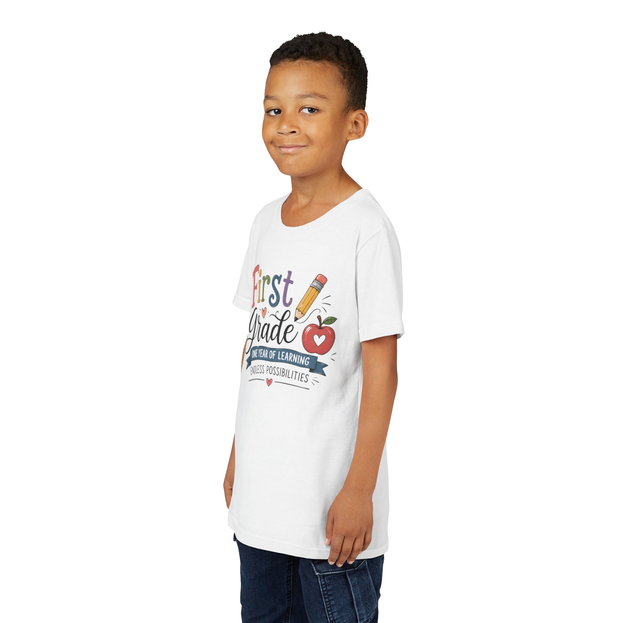 First Grade Graphic T-Shirt - "First Grade: One Year of Learning, Endless Possibilities" Back-to-School Shirt