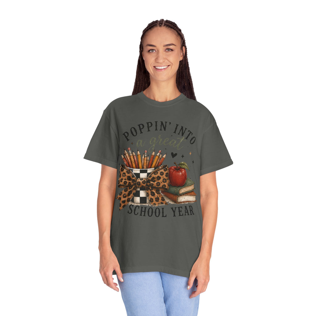 Adult Graphic T-Shirt — “Poppin’ Into a Great School Year” Back-to-School Teacher Tee — Leopard Bow Pencil Cup Design