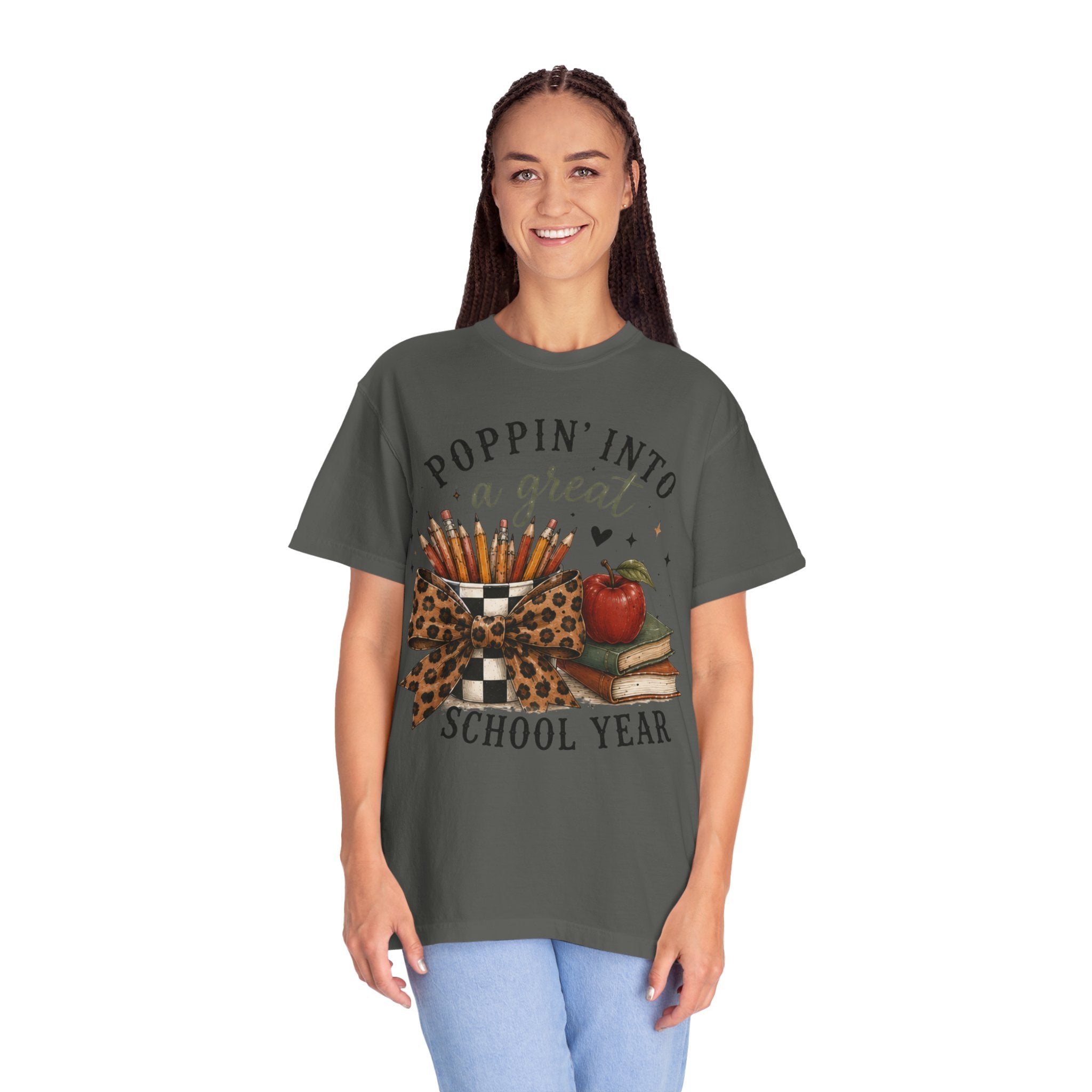 Adult Graphic T-Shirt — “Poppin’ Into a Great School Year” Back-to-School Teacher Tee — Leopard Bow Pencil Cup Design