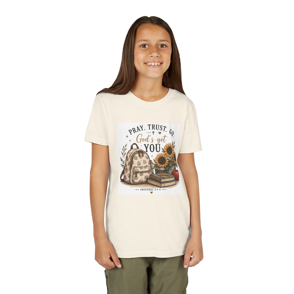 Youth Graphic T-Shirt - "Pray, Trust, Go. God's Got You" Back-to-School Sunflower Backpack Design