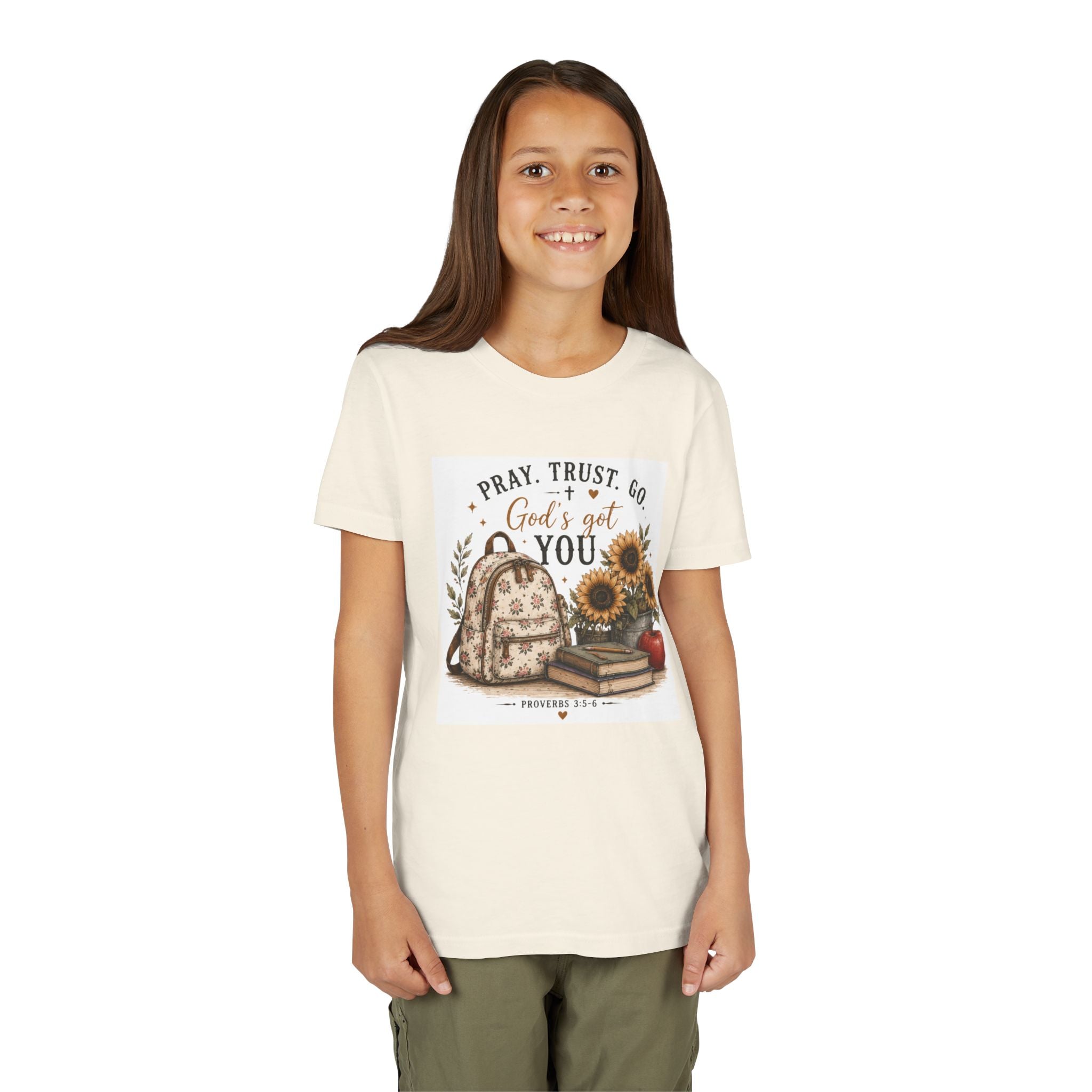 Youth Graphic T-Shirt - "Pray, Trust, Go. God's Got You" Back-to-School Sunflower Backpack Design