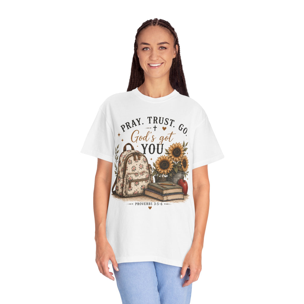 Adult Pray Trust Go T‑Shirt – "God's Got You" Sunflower & Backpack Christian Tee