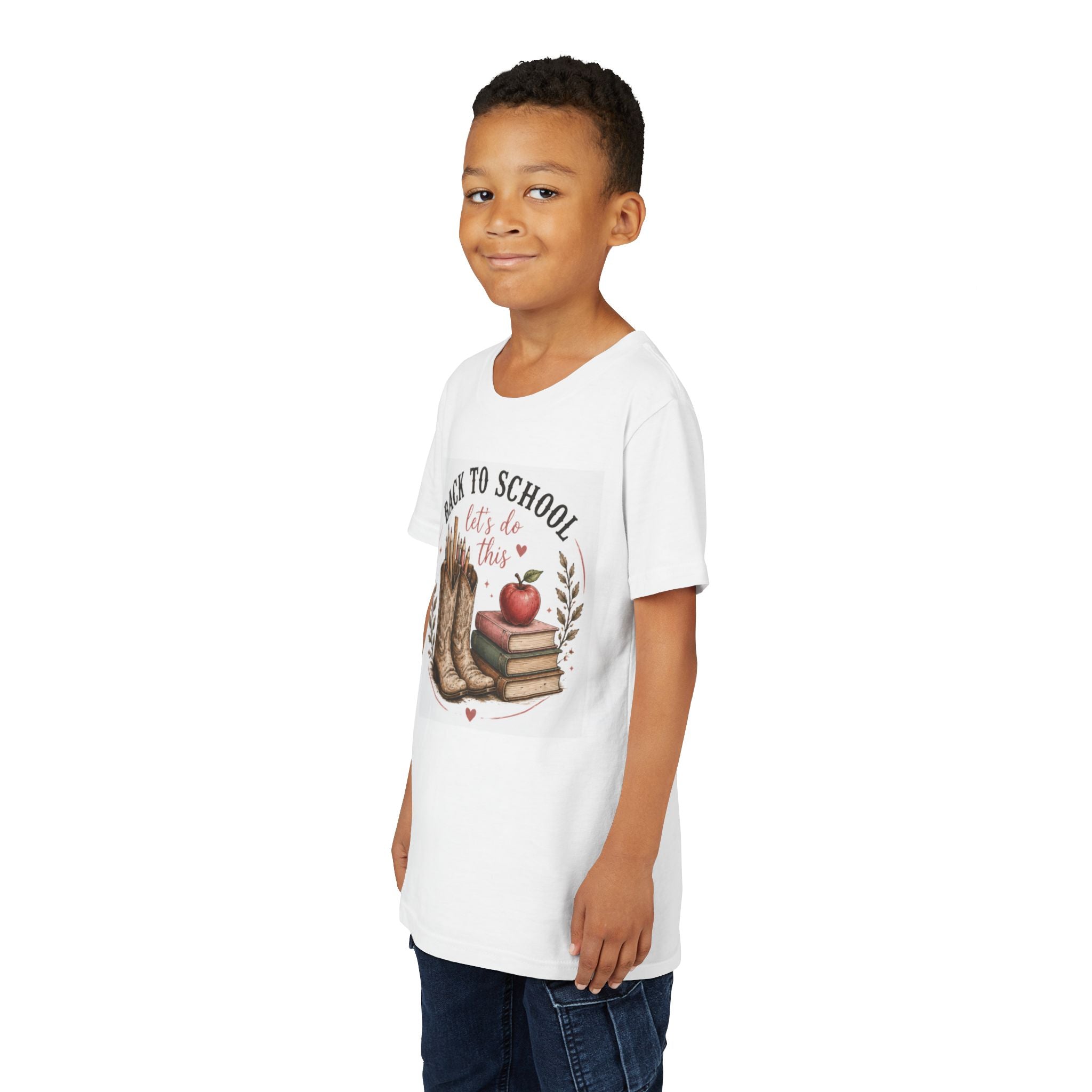 Youth Graphic T-Shirt — "Back to School, Let’s Do This" Cowboy Boots & Apple Design