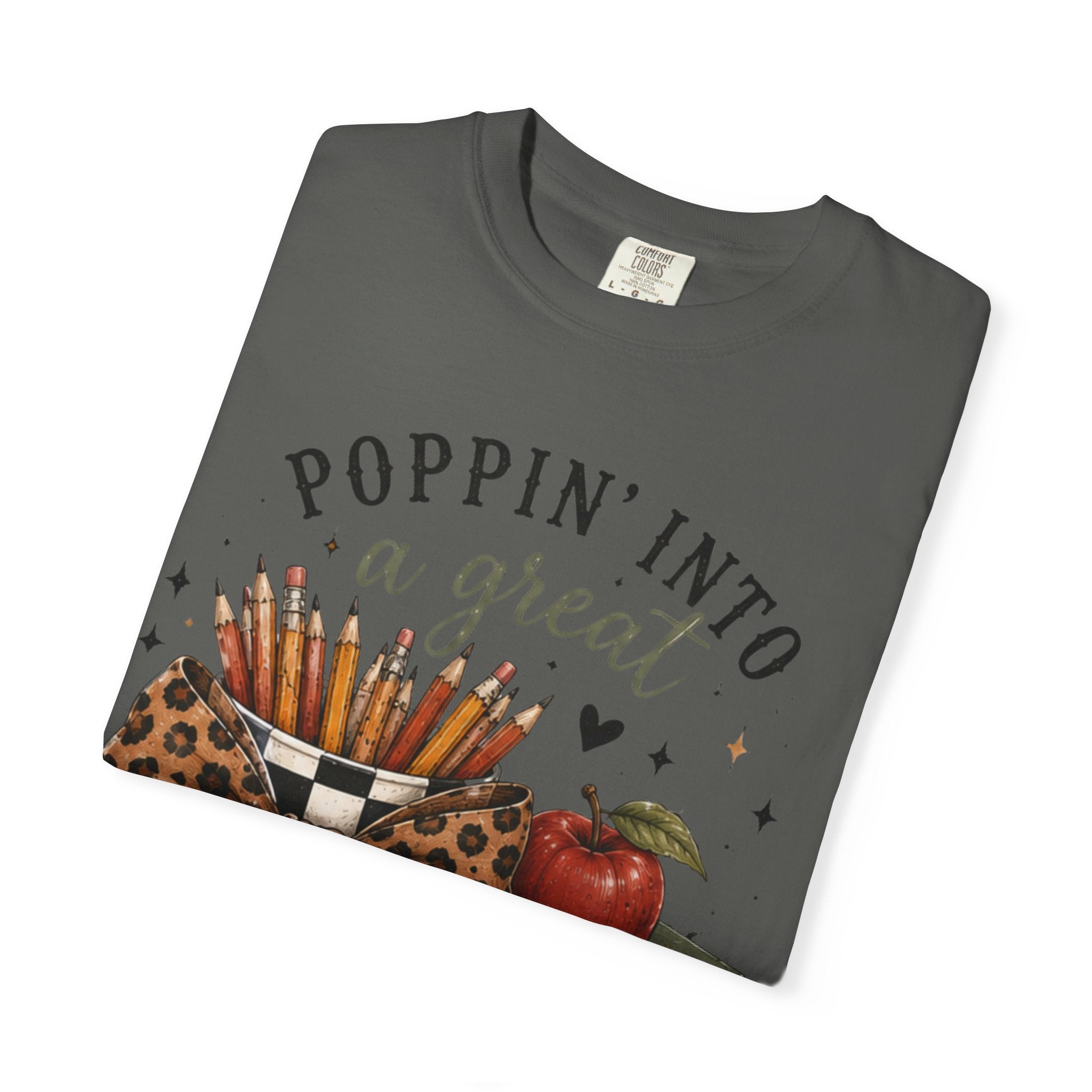 Adult Graphic T-Shirt — “Poppin’ Into a Great School Year” Back-to-School Teacher Tee — Leopard Bow Pencil Cup Design