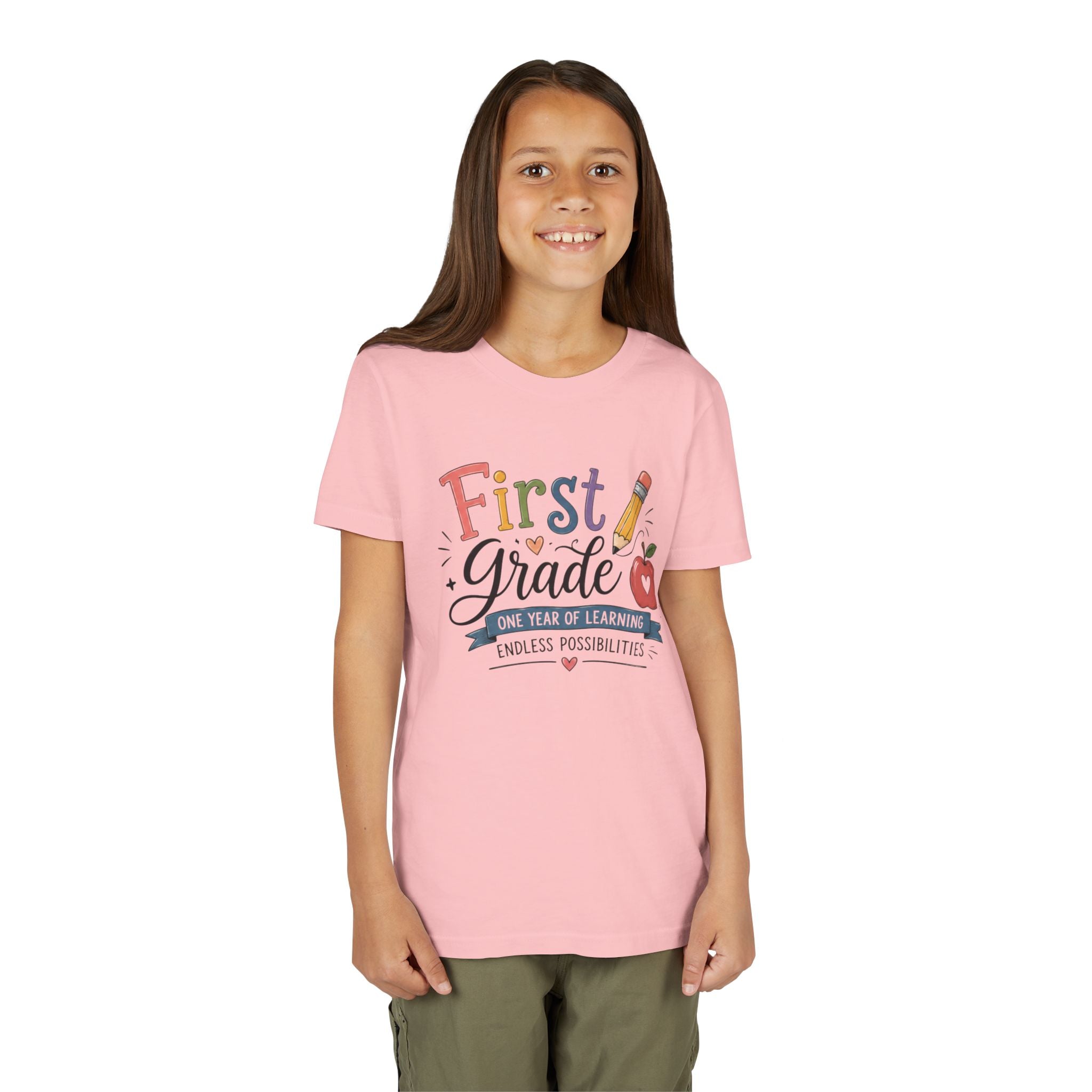 First Grade Graphic T-Shirt - "First Grade: One Year of Learning, Endless Possibilities" Back-to-School Shirt