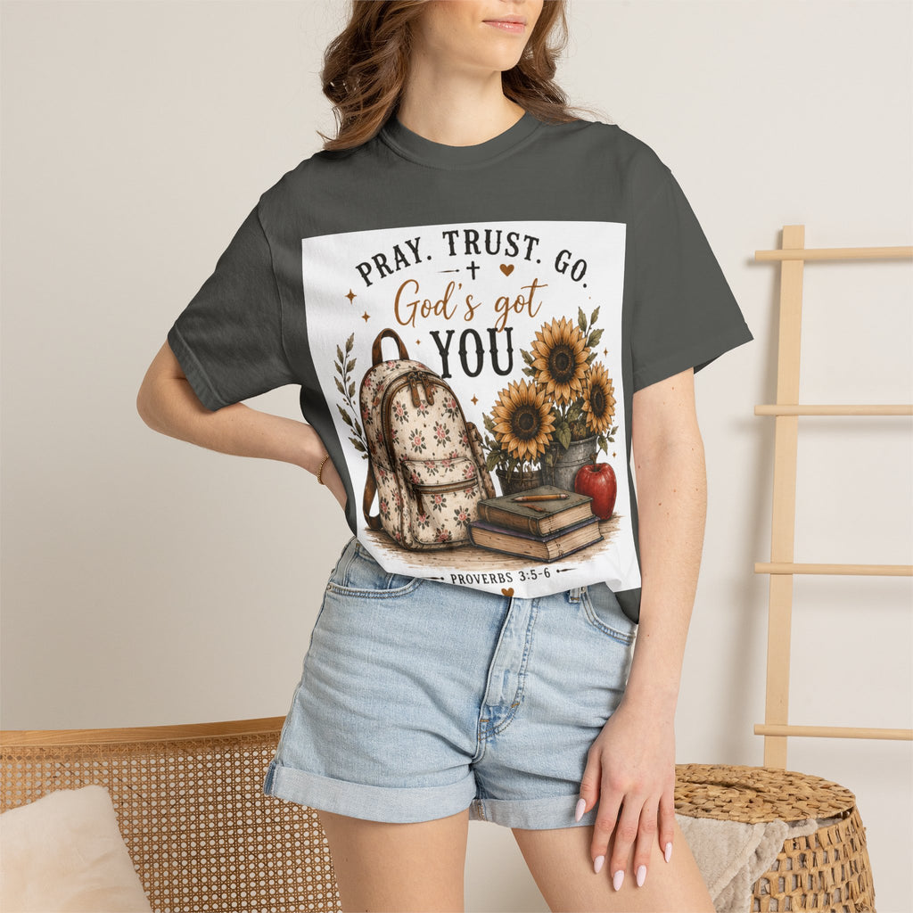 Adult Pray Trust Go T‑Shirt – "God's Got You" Sunflower & Backpack Christian Tee