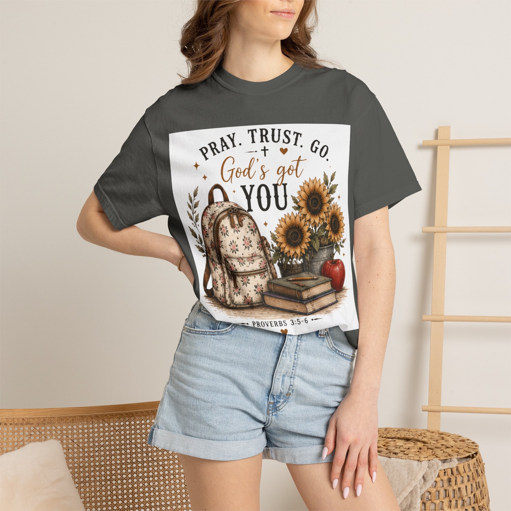 Adult Pray Trust Go T‑Shirt – "God's Got You" Sunflower & Backpack Christian Tee