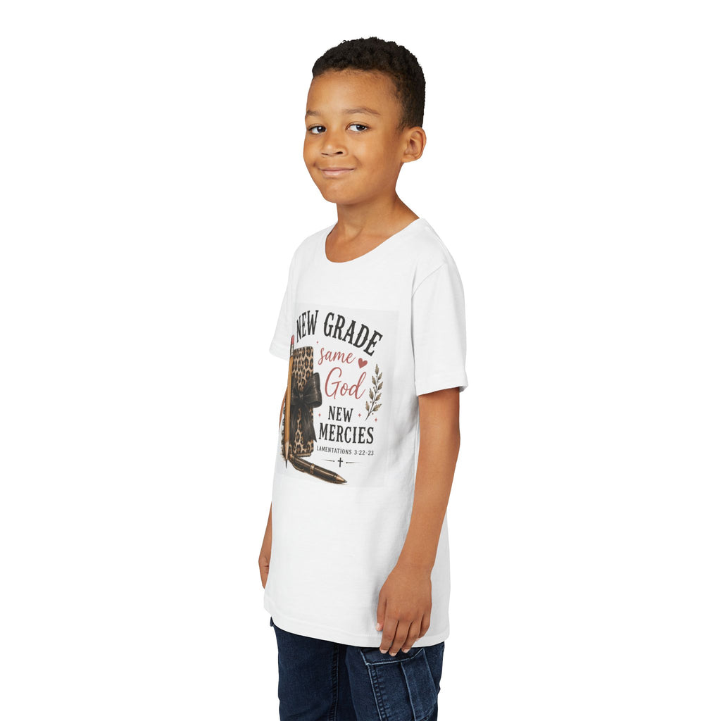 Youth Graphic T-Shirt — "New Grade Same God New Mercies" Christian Back-to-School Shirt