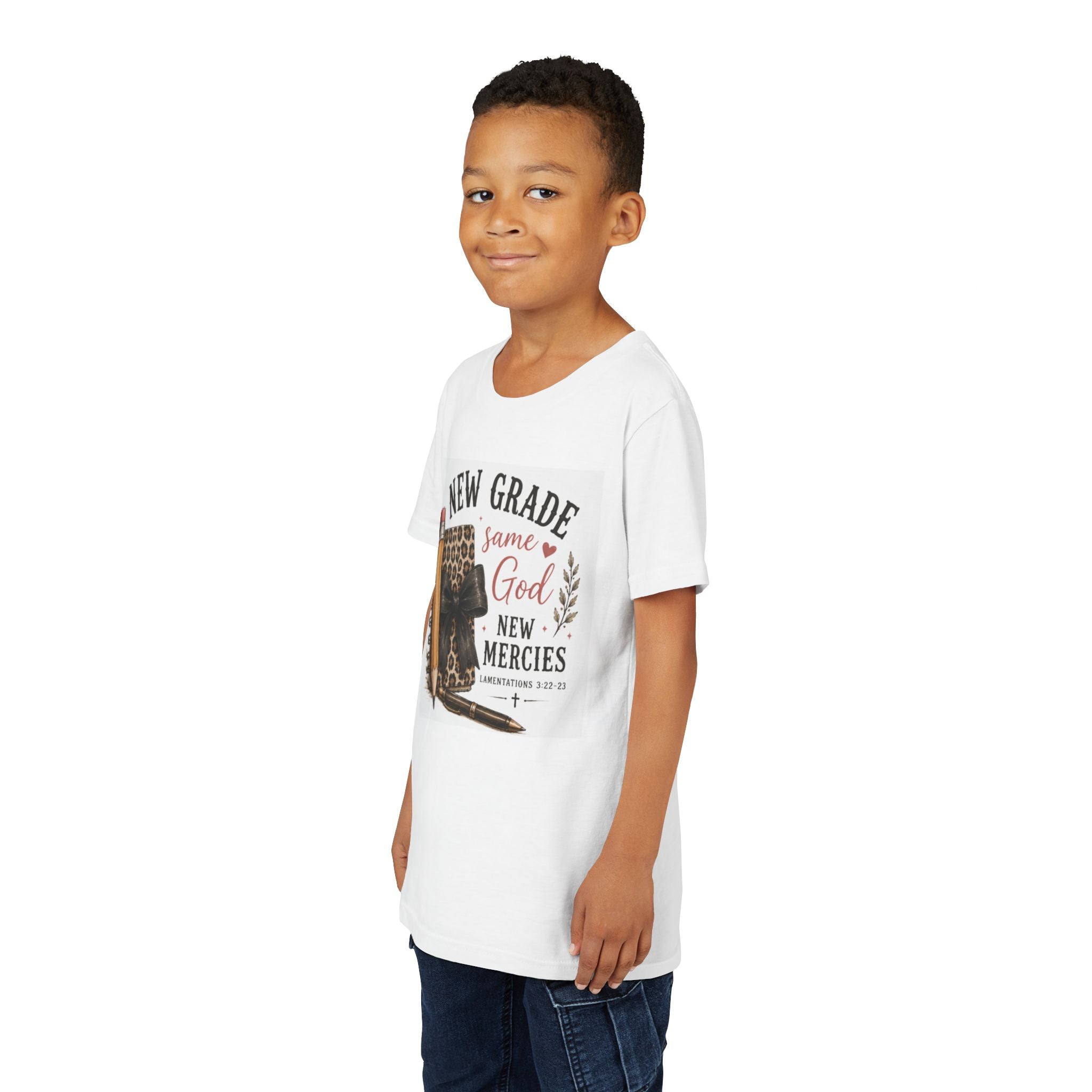 Youth Graphic T-Shirt — "New Grade Same God New Mercies" Christian Back-to-School Shirt