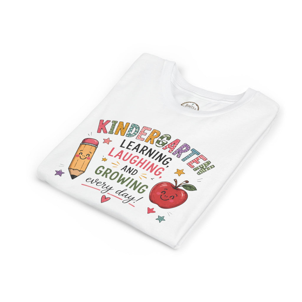 Kindergarten Learning Laughing Growing Graphic T-Shirt — Cute Pencil & Apple Back-to-School Shirt