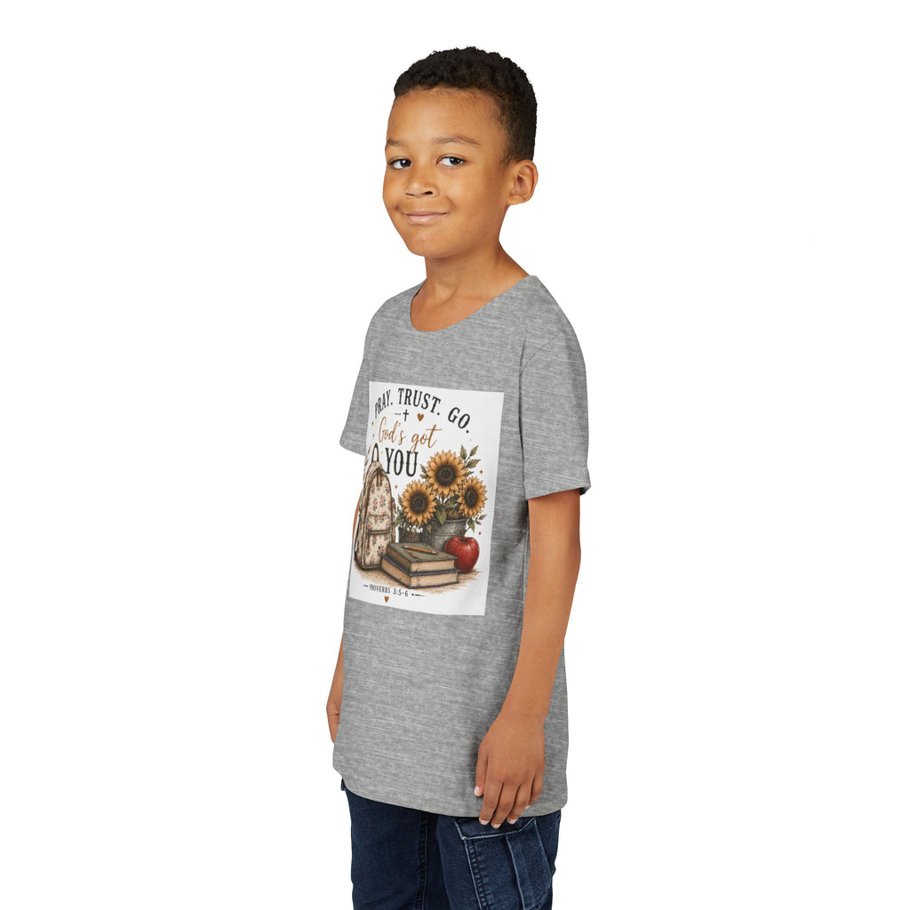 Youth Graphic T-Shirt - "Pray, Trust, Go. God's Got You" Back-to-School Sunflower Backpack Design