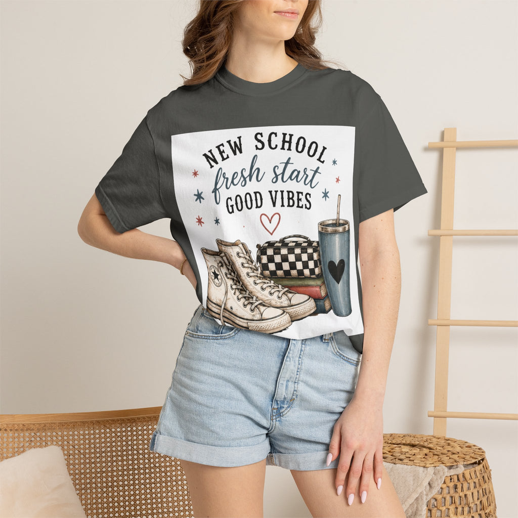Adult Back-to-School Graphic T-Shirt — "New School, Fresh Start, Good Vibes" Graphic Tee
