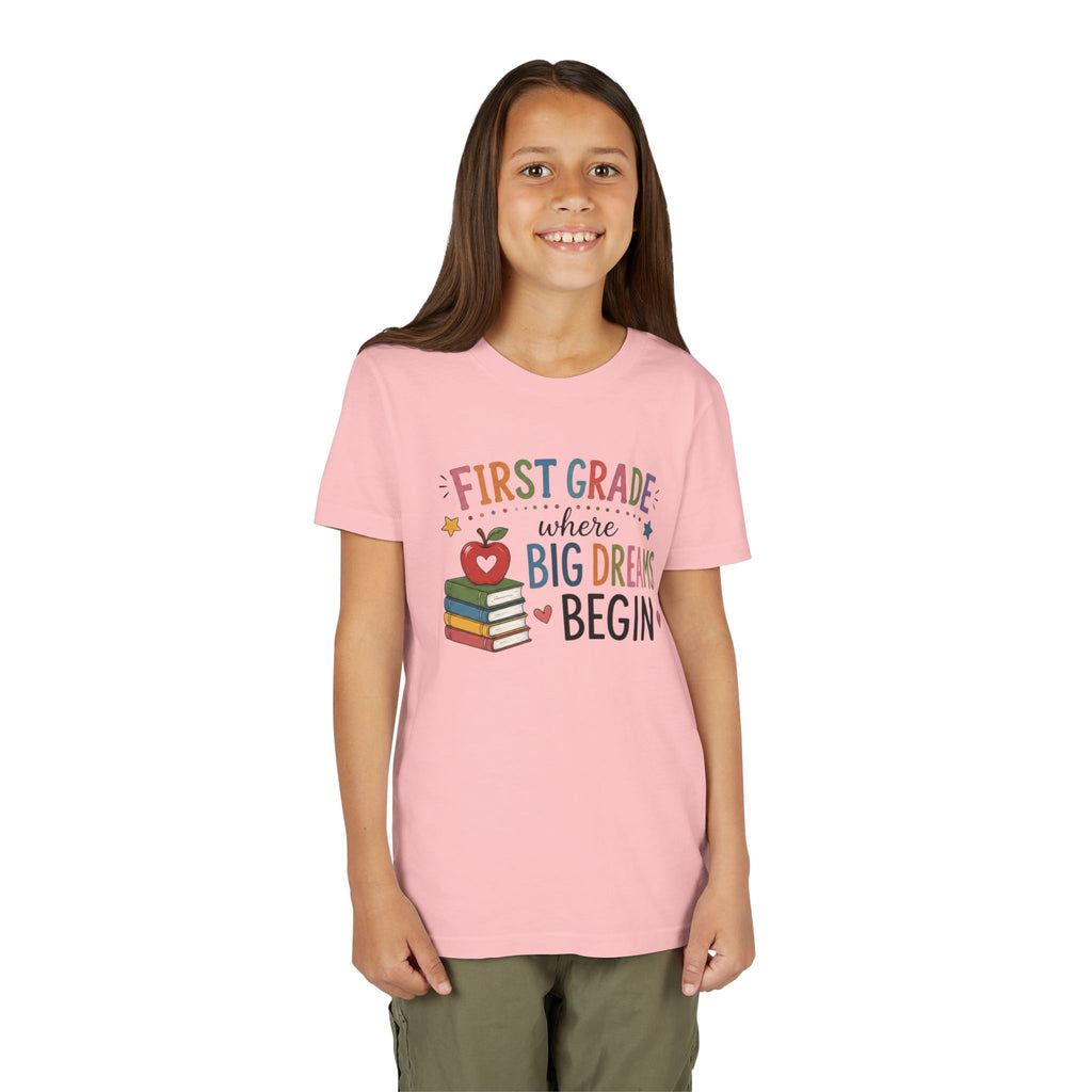 First Grade Where Big Dreams Begin Graphic T-Shirt — Back to School Kids Shirt