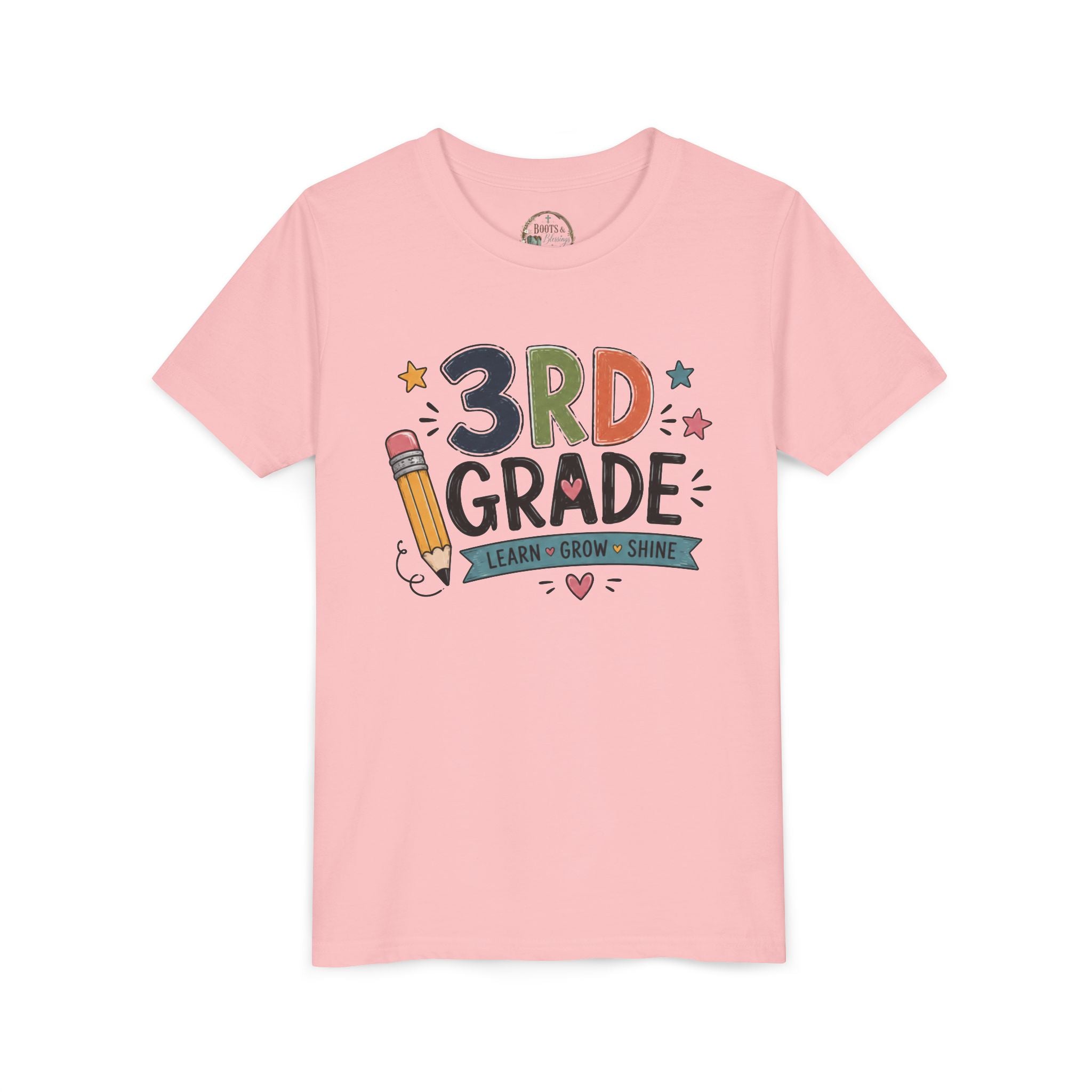 3rd Grade Graphic T-Shirt – 'Learn • Grow • Shine' Back-to-School Kids Shirt