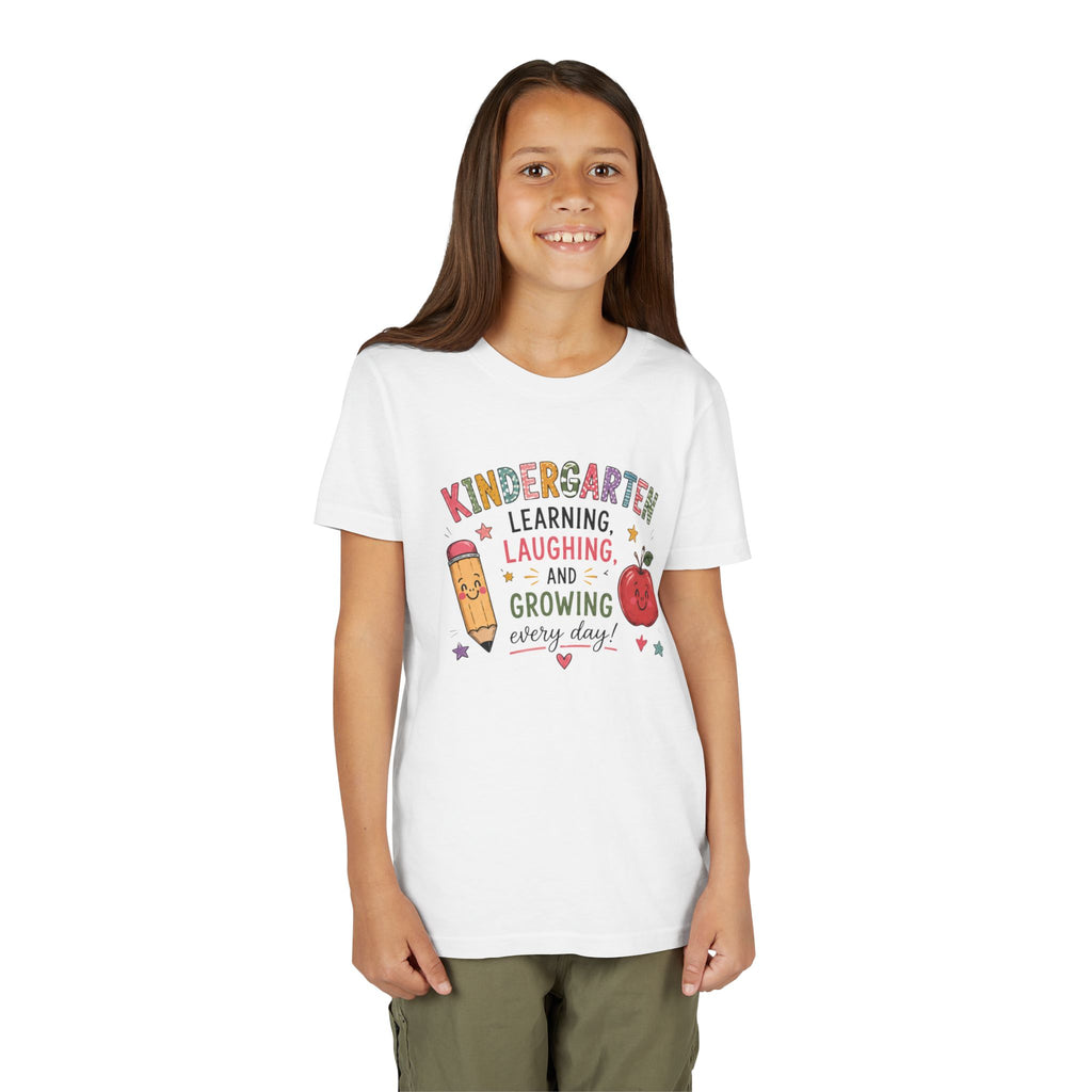 Kindergarten Learning Laughing Growing Graphic T-Shirt — Cute Pencil & Apple Back-to-School Shirt
