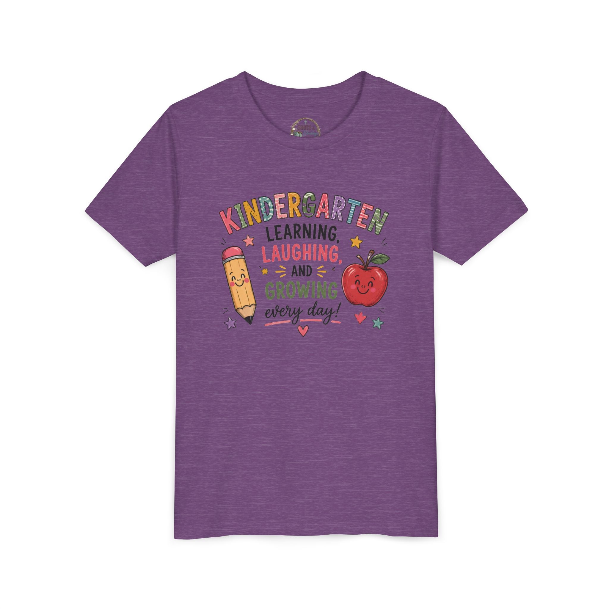 Kindergarten Learning Laughing Growing Graphic T-Shirt — Cute Pencil & Apple Back-to-School Shirt