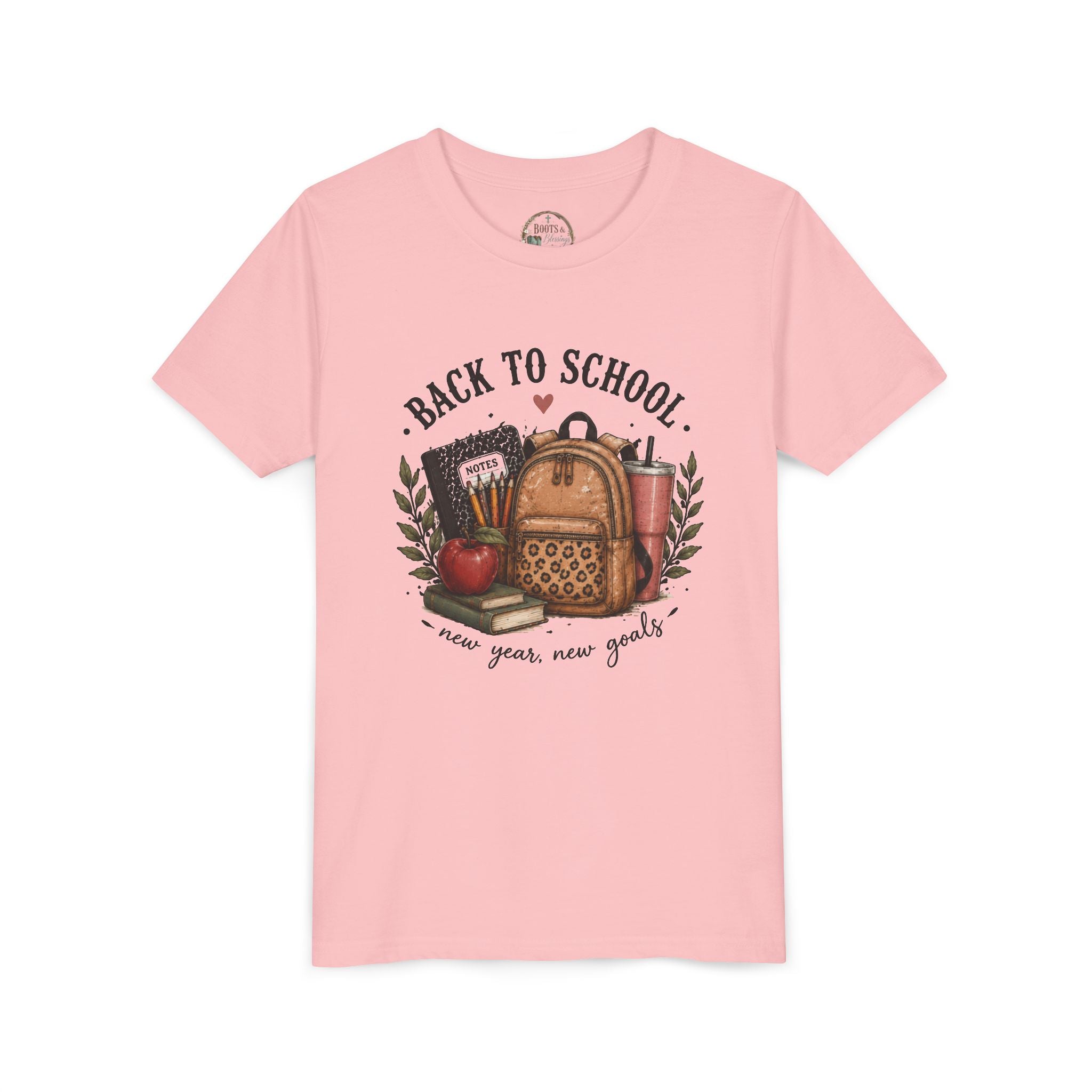 Youth Back to School Graphic T-Shirt – 'Back to School' Backpack & Apples Design