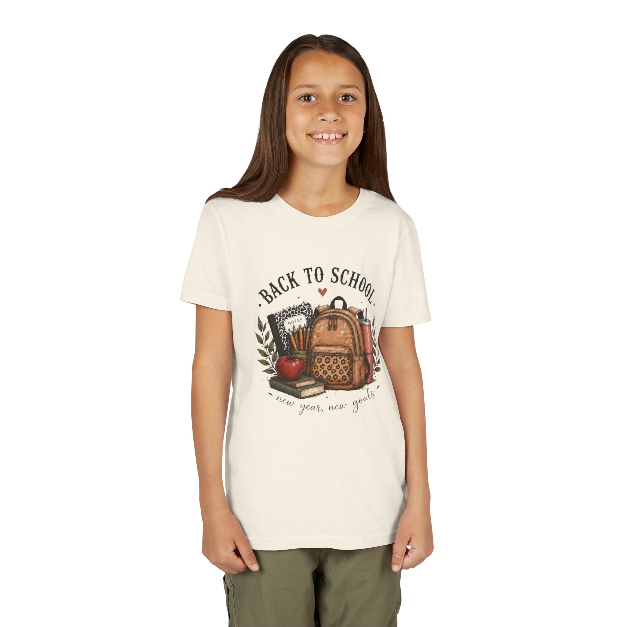 Youth Back to School Graphic T-Shirt – 'Back to School' Backpack & Apples Design