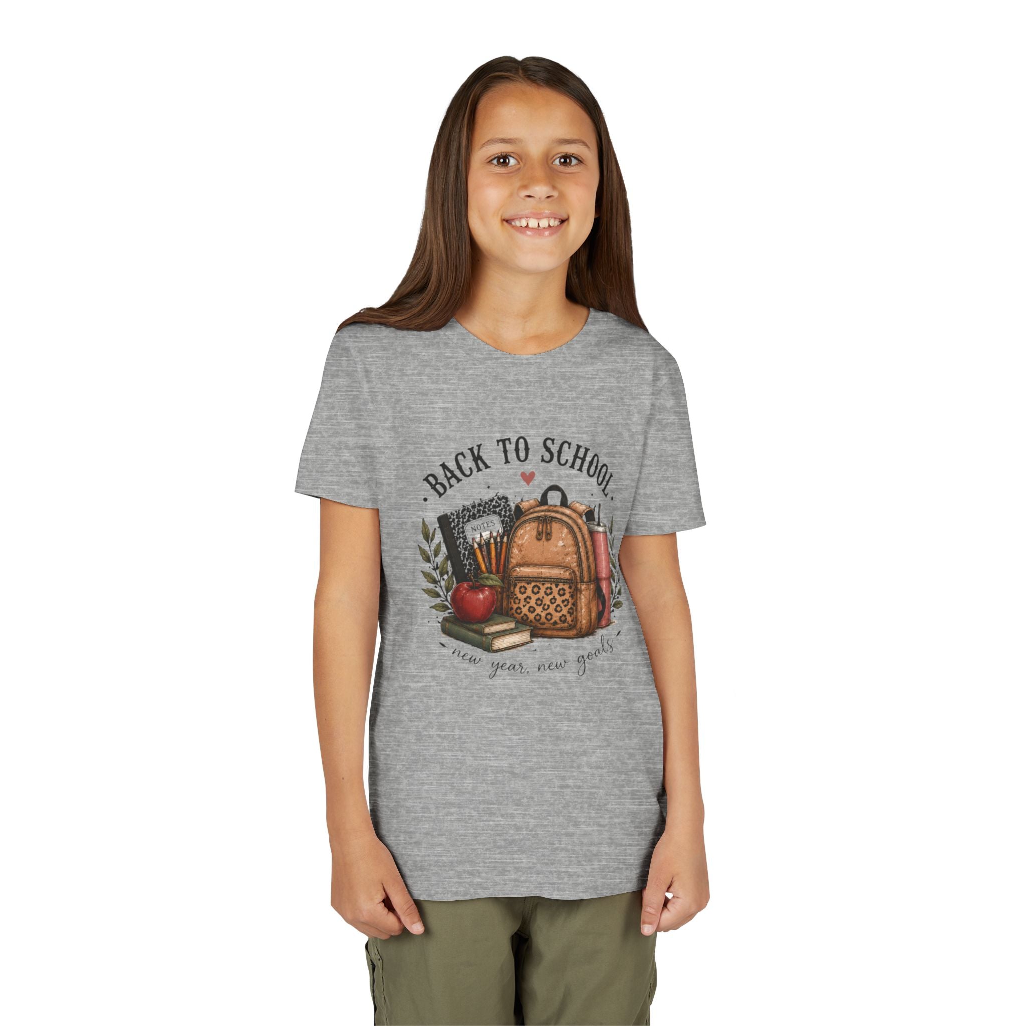 Youth Back to School Graphic T-Shirt – 'Back to School' Backpack & Apples Design