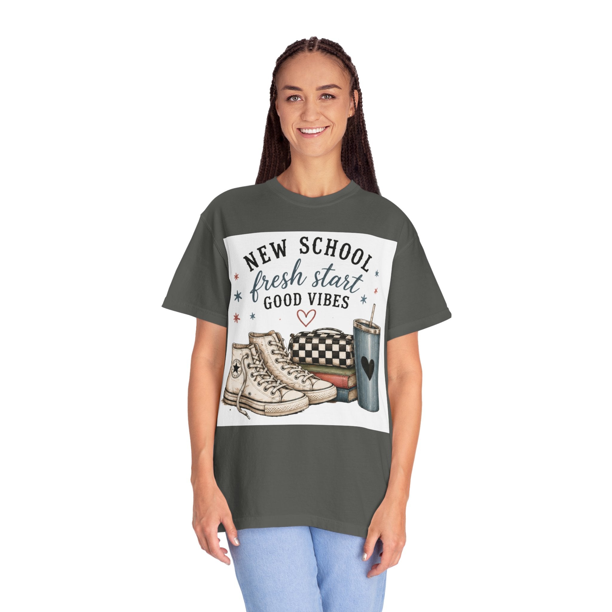 Adult Back-to-School Graphic T-Shirt — "New School, Fresh Start, Good Vibes" Graphic Tee