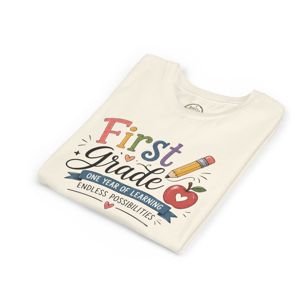 First Grade Graphic T-Shirt - "First Grade: One Year of Learning, Endless Possibilities" Back-to-School Shirt