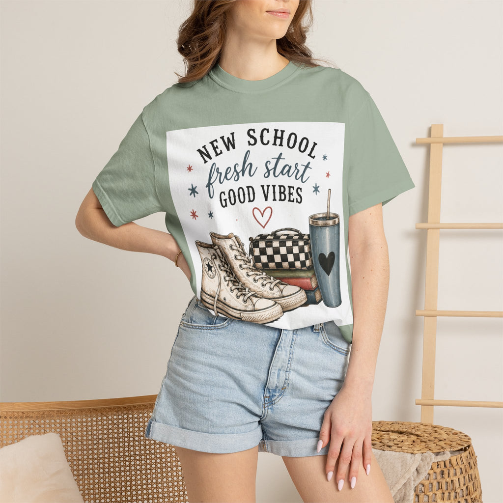 Adult Back-to-School Graphic T-Shirt — "New School, Fresh Start, Good Vibes" Graphic Tee