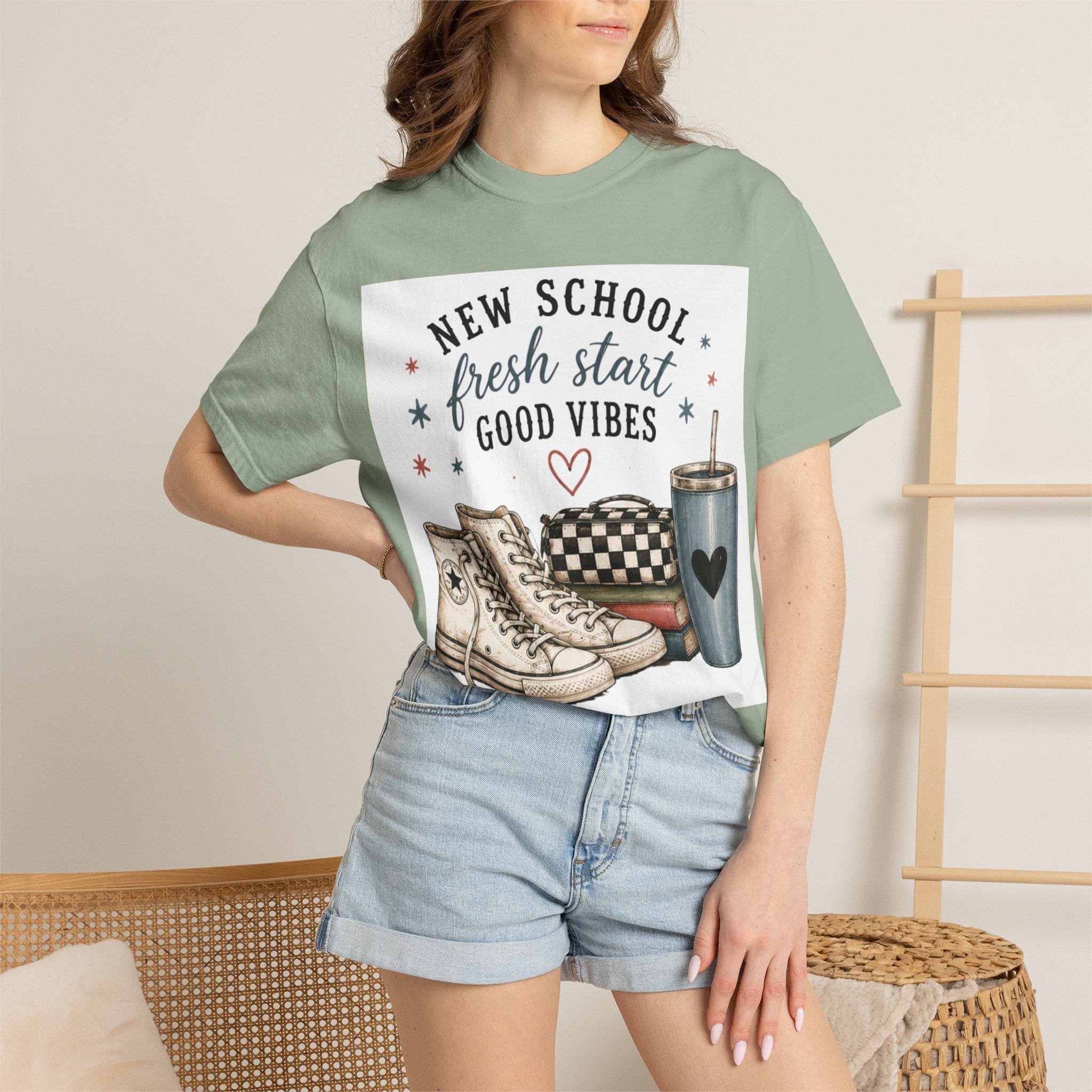 Adult Back-to-School Graphic T-Shirt — "New School, Fresh Start, Good Vibes" Graphic Tee