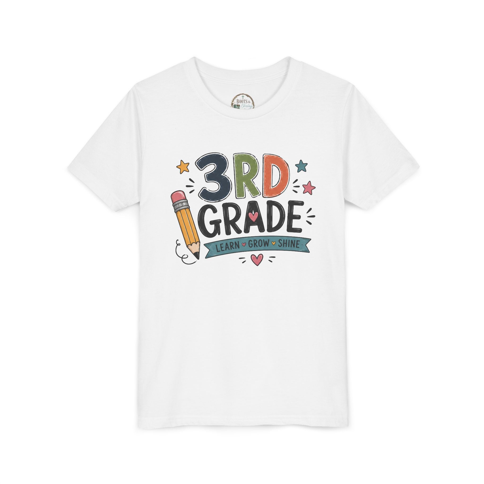 3rd Grade Graphic T-Shirt – 'Learn • Grow • Shine' Back-to-School Kids Shirt